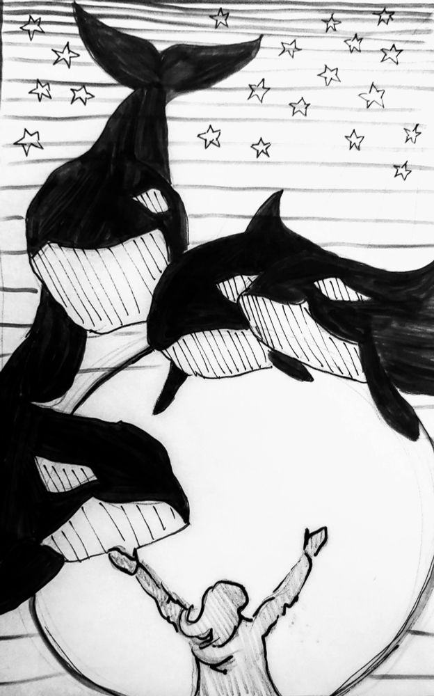 A little person faces away from the viewer, hands outstretched to four big orcas greeting the small figure. They are all in front of a full moon with a gradient background and several stars in the sky. Sketched in pen.