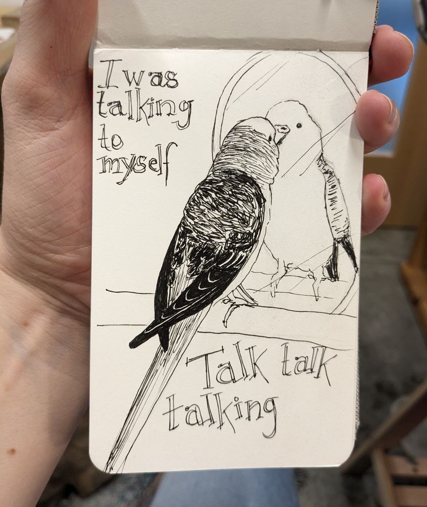 Inked parakeet looking at itself in a mirror. Text reads "I was talking to myself Talk talk talking."