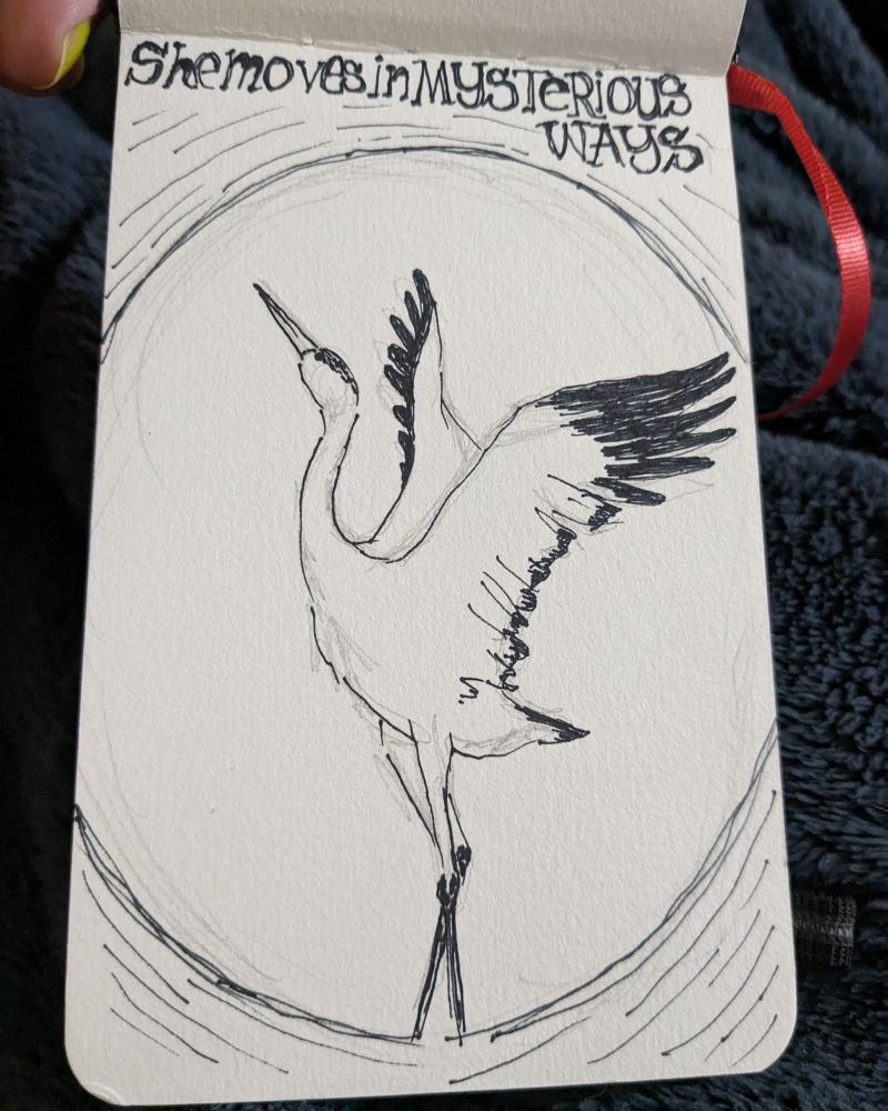 Ink drawing of a dancing crane in a circle. Text reads "She moves in MYSTERIOUS WAYS"