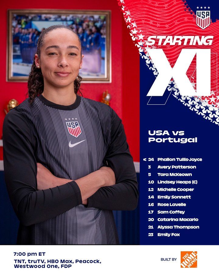 Photo of Phallon Tullis-Joyce, starting GK. The rest of the XI: Avery Patterson, Emily Fox, Emily Sonnett, Tara McKeown; Lindsey Heaps (C), Sam Coffey, Rose Lavelle; Catarina Macario, Alyssa Thompson, Michelle Cooper
