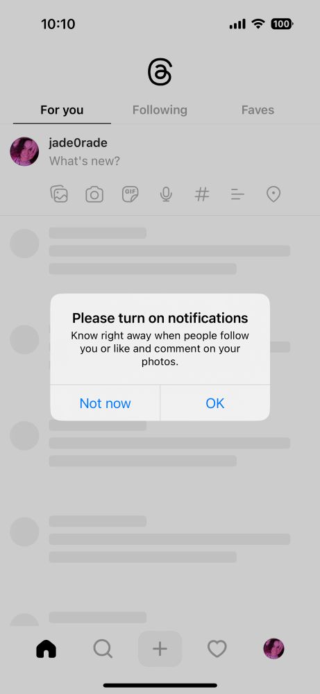Screenshot of a notification asking for me to turn notifications on for Threads