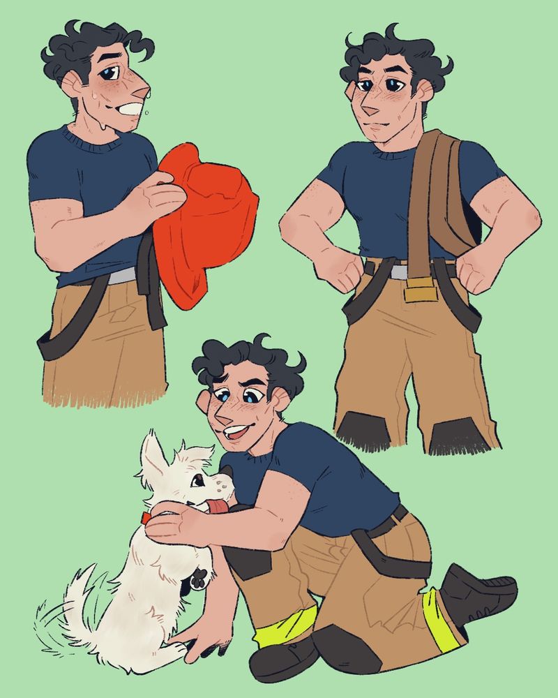 Drawings of Clark Kent in a firefighters uniform (navy shirt and thick canvas pants), smiling and sweating, at the bottom is another drawing of him petting Krypto 