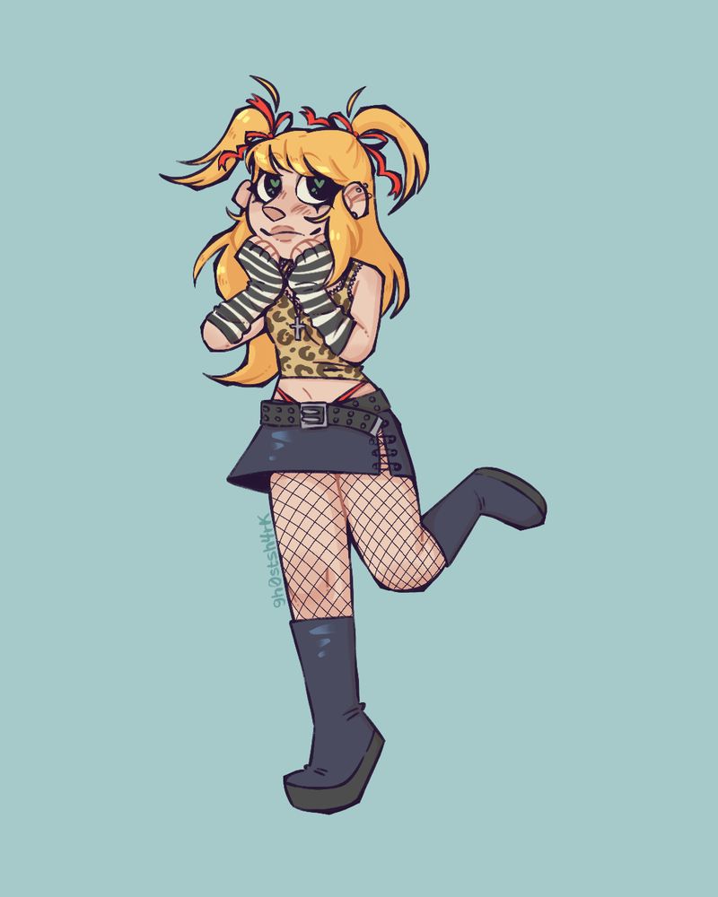 Drawing of Misa Amane kicking one foot behind her with a smile, in a cheetah print cropped tank top, a black skirt, and fishnets.