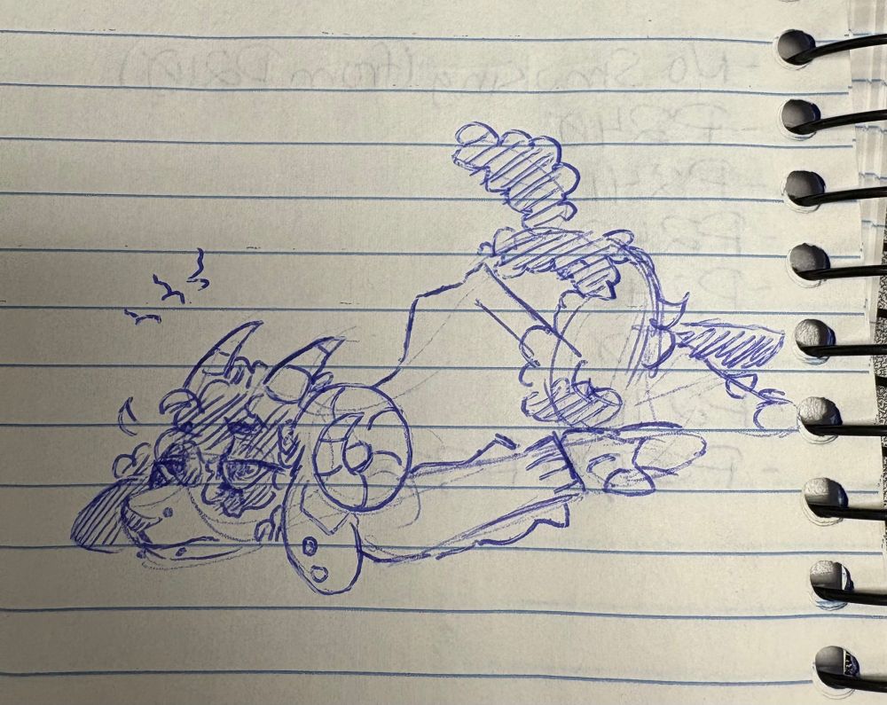Ballpoint pen sketch of an anthro four horned sheep slumped on the floor tiredly