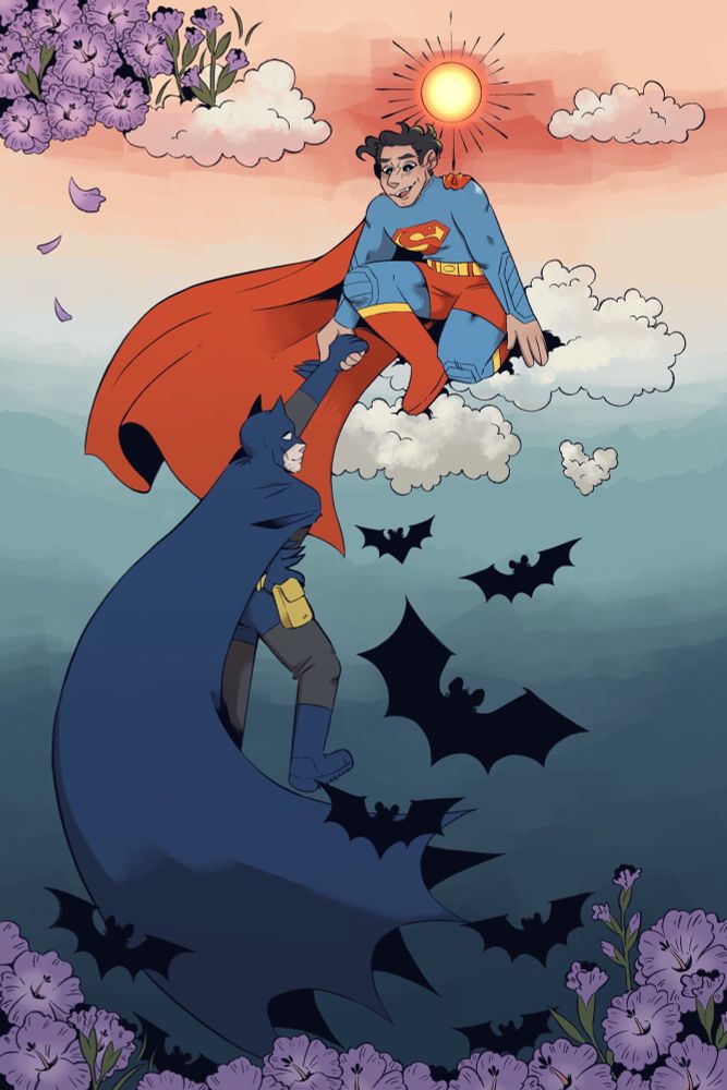 Drafting of Superman kneeling on a cloud, offering a hand to Batman to pull him up with him. Behind them is a sunset, with bat silhouettes coming up from the bottom as well as a cluster of purple gladiolus flowers in the top left corner and lining the bottom of the canvas