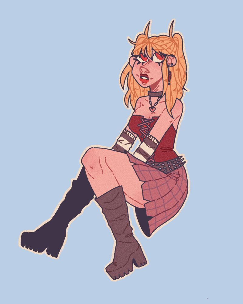 Drawing of Misa Amane sitting down in a corset and pleated skirt.