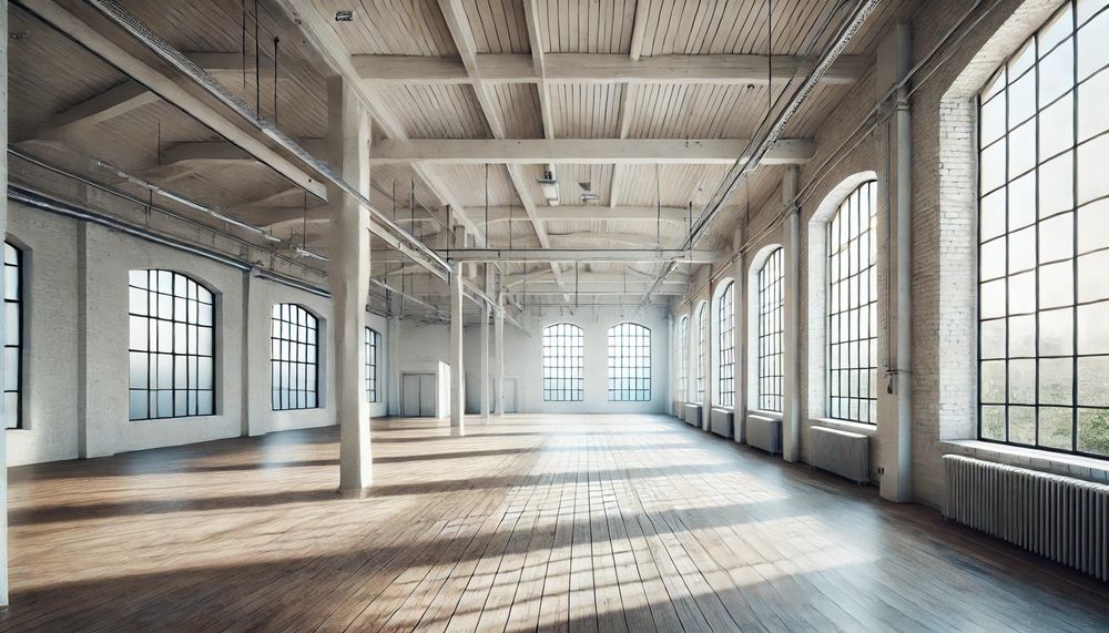 Spacious hall or loft, bright and wooden floors.