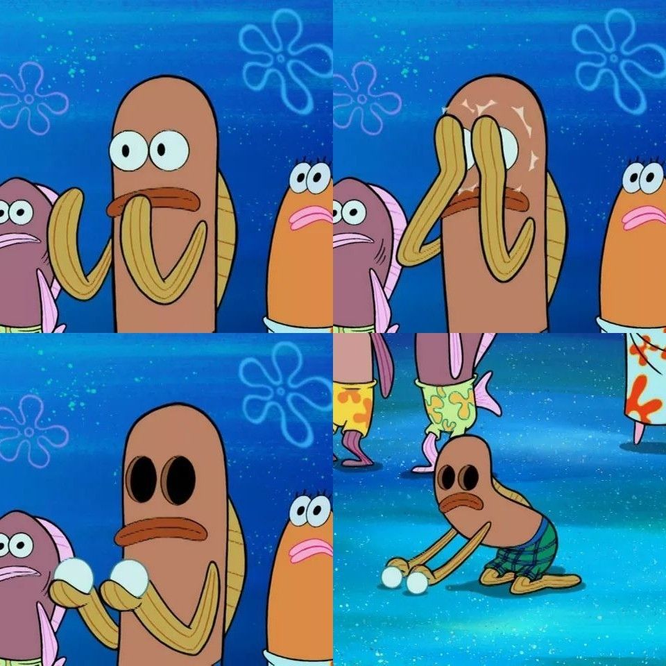 4 panels of a fish from SpongeBob taking his eyes out and putting them on the ground