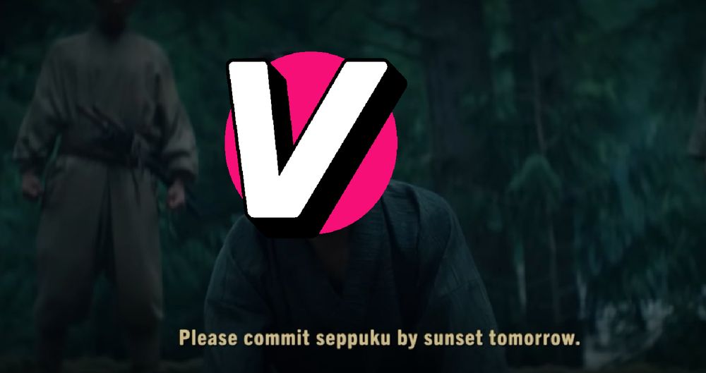 The scene from Shogun where a character is told he needs to commit seppuku by sunset with the Vshojo logo covering his face. a subtitle reads "Please commit seppuku by sunset tomorrow."