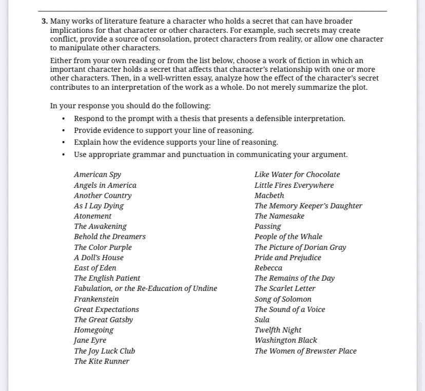 A screenshot of FRQ 3 from the 2025 AP Literature exam, including a list of 37 novels that can be used to help students answer the question.