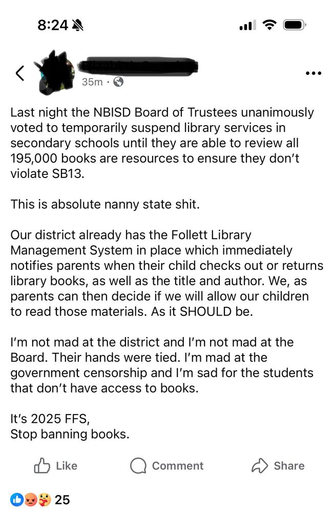 Facebook post from a parent angry that NBISD libraries have been closed. 