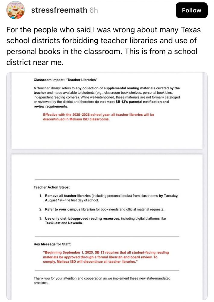 Directive from Melissa ISD administrators demanding that teachers remove their classroom libraries by the first day of school in response to SB13. 