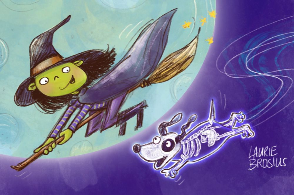 Cute illustration of a witch riding a broom enjoying an evening “stroll” with her ghost dog. © Laurie Brosius