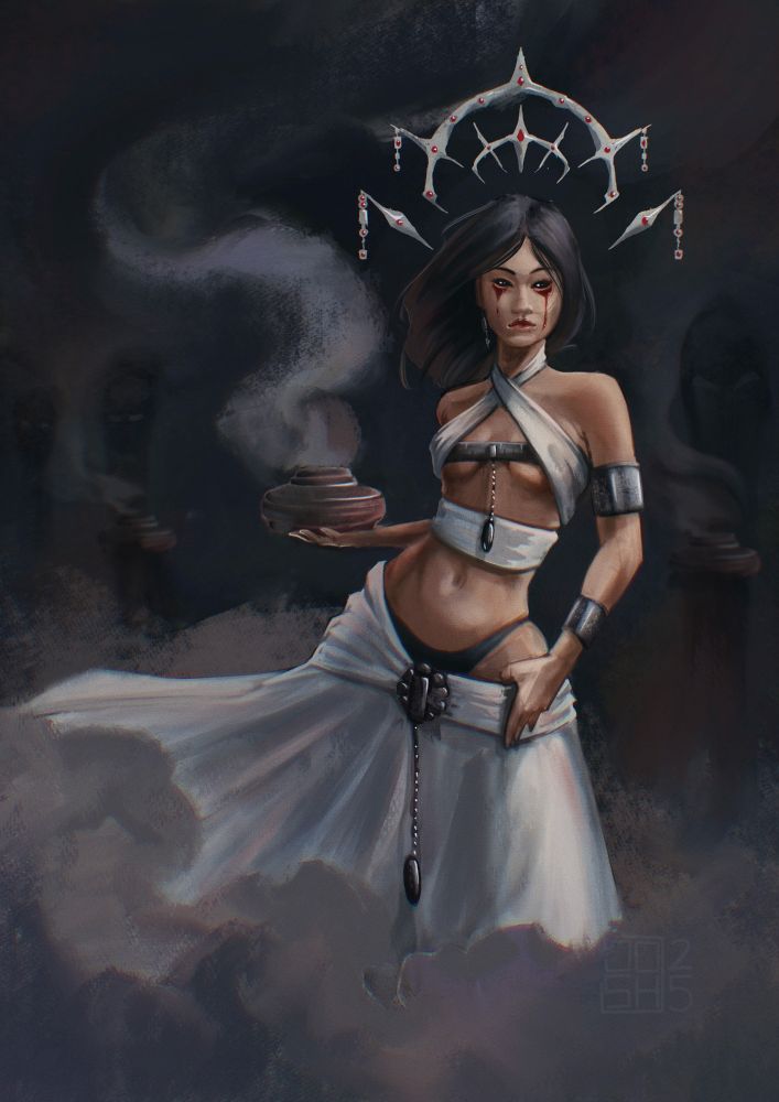 Summon:
A dark-haired woman standing in a cloud of smoke. She wears a flowing white skirt and a halter-style top with metal accessories and a black gemstone pendants. She holds a smoking incense burner in one hand. Behind her are shadowy, ghost-like figures with faintly visible faces, emerging from the mist. A spiked, jewel-adorned silver headdress floats above her head. The color palette is dark and moody.
