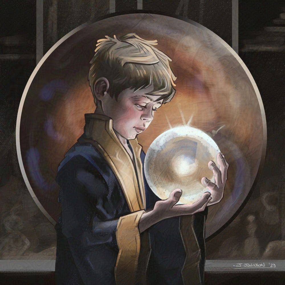 Anima:

A young boy with short, tousled blond hair and a solemn expression gazes at a glowing orb in his hands. He wears a dark robe with gold trim, resembling a mystical or scholarly figure. The orb emits a soft, radiant light, casting a glow on his face. The background is blurred and dark, with subtle hints of warm tones and shadowy objects. A circular frame around the boy and the orb enhances the sense of focus.