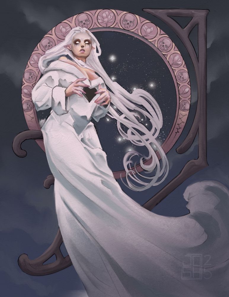 A Leanan Sidhe (dark fae muse) floats in an ethereal space. She has elongated, pointed ears and an otherworldly gaze and pale eyes. Flowing hair and a billowing robe give her a spectral presence. She clutches a dark, heart-shaped object close to her chest, as if guarding it. In the background she is framed by a large circular frame with an art nouveau motif of a blooming magnolia alternating with skulls.