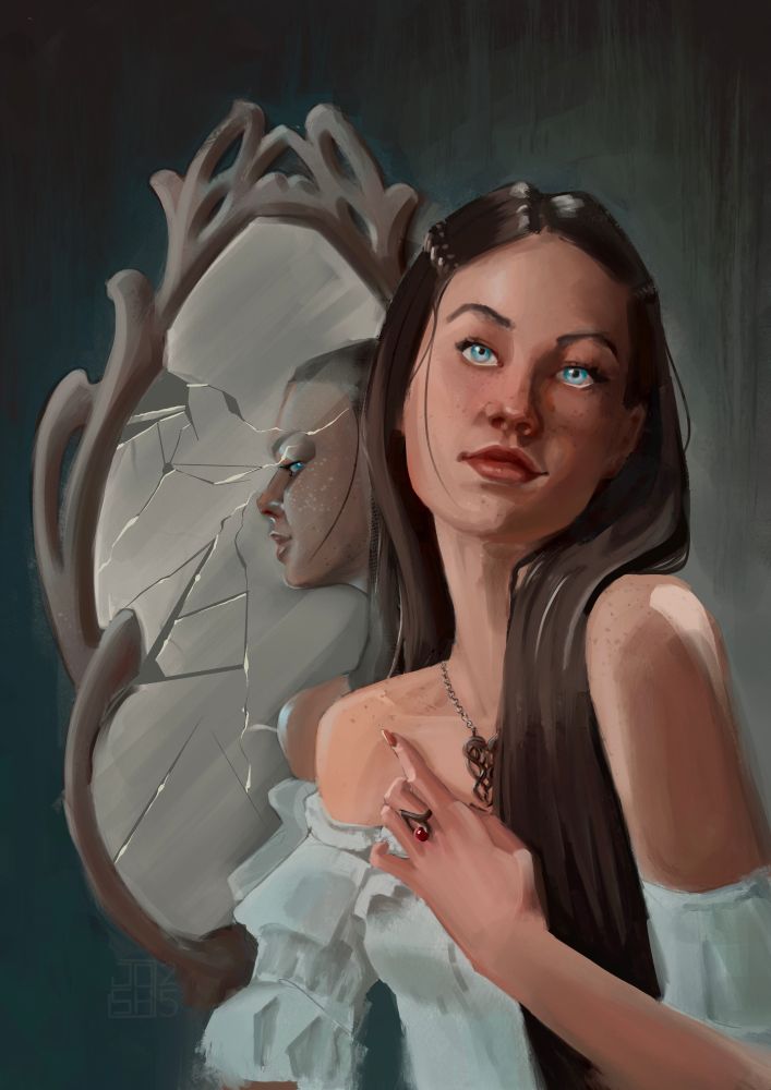 Monster (in the Mirror):

A beautiful young woman with dark hair, freckles, and blue eyes is looking at the viewer, standing in front of a broken mirror with an art nouveau styled frame. Her reflection in the mirror has more severe features and pale skin, it is looking over its shoulder and also looking at the viewer with a smile on its face.