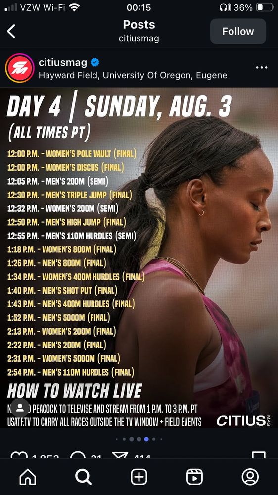 An image showing the starting time for every track and field event at USATF National Championships on Sunday 8/3 at Hayward Field. Full broadcast schedule is available here: https://www.usatf.org/events/2025/2025-toyota-usatf-outdoor-para-national-championsh - though today has a bulk of coverage reserved for NBC/Peacock coverage.