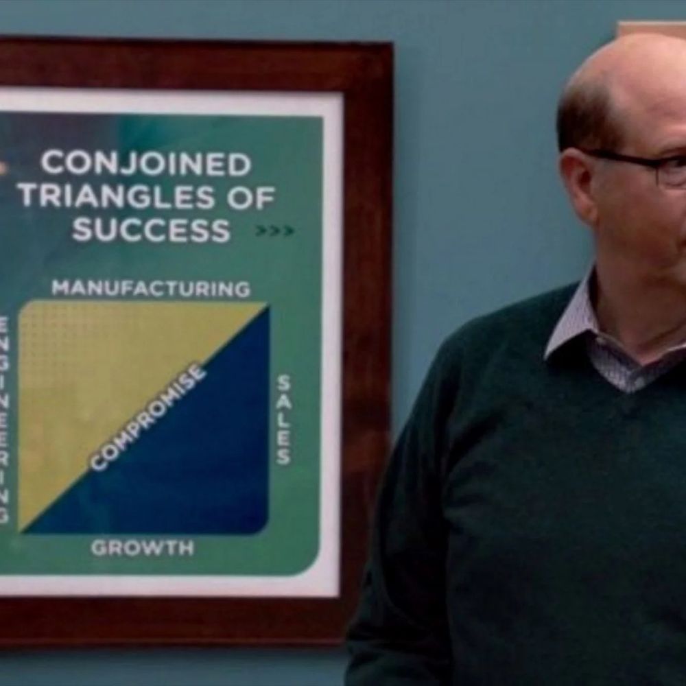 Screengrab from Silicon Valley TV show showing conjoined triangles of success
