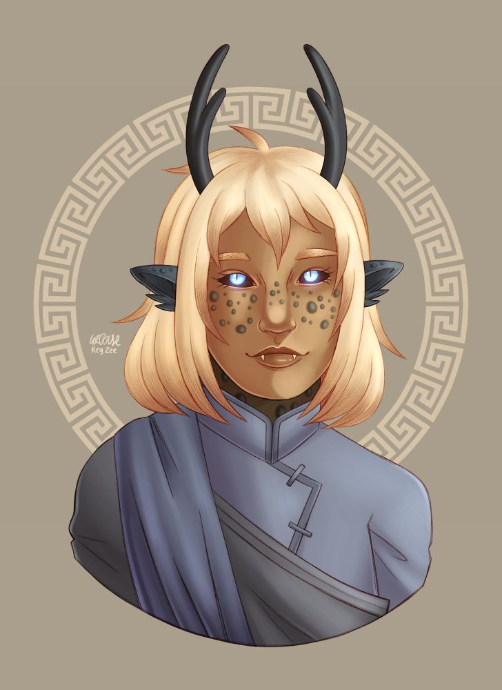 A portrait of a drake touched human. She has honey toned skin, grey scales across her face that look like freckles, blonde hair in a bob, glowing blue draconic eyes with black sclera, two long black horns on her head, black draconic scaled ears, and fanged teeth. She wears a blue changshan with a grey robe and a blue sash.