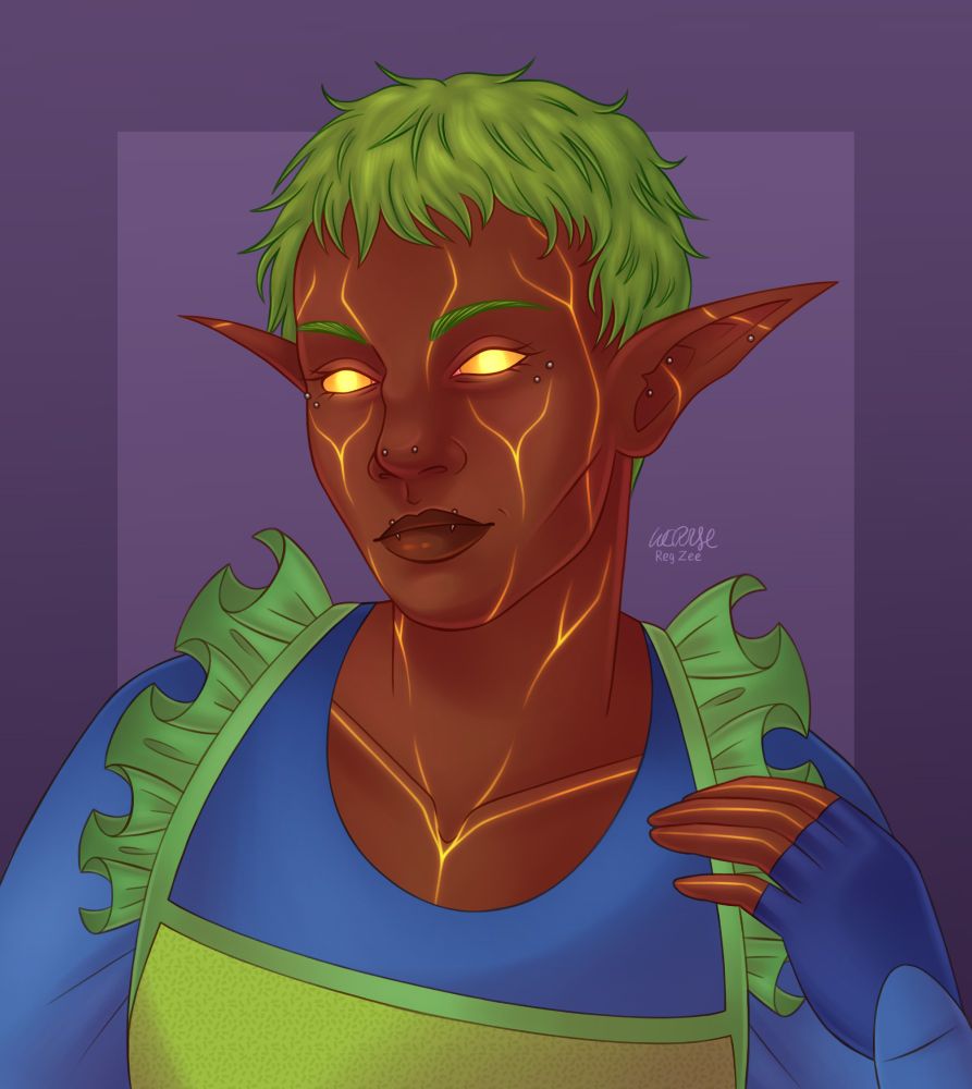 A portrait of a non-binary character. Xe has dark skin with glowing gold veins, glowing gold eyes (all sclera, no irises), long pointed ears, short green hair, and has multiple ear and facial piercings. Xe is wearing a blue top with a green apron and blue fingerless gloves.