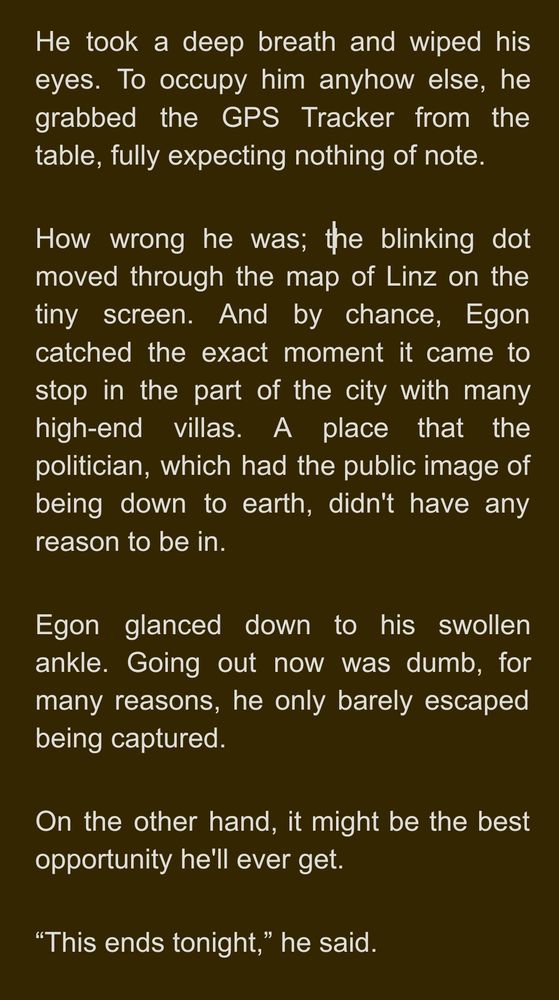 He took a deep breath and wiped his eyes. To occupy him anyhow else, he grabbed the GPS Tracker from the table, fully expecting nothing of note. 
How wrong he was; the blinking dot moved through the map of Linz on the tiny screen. And by chance, Egon catched the exact moment it came to stop in the part of the city with many high-end villas. A place that the politician, which had the public image of being down to earth, didn't have any reason to be in. 
Egon glanced down to his swollen ankle. Going out now was dumb, for many reasons, he only barely escaped being captured. 
On the other hand, it might be the best opportunity he'll ever get. 
“This ends tonight,” he said.
