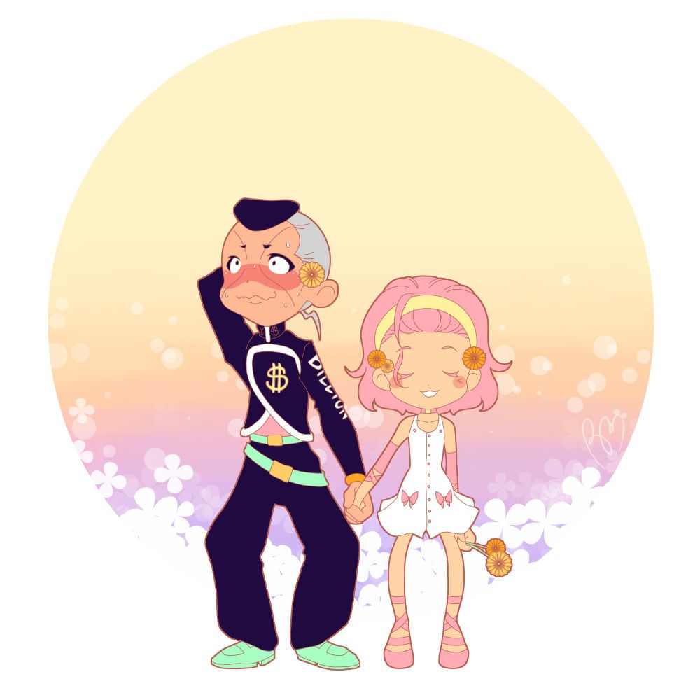 Okuyasu Nijimura and Reimi Sugimoto from the manga Jojo's Bizarre Adventures drawn in a cutesy style. They are holding hands, blushing and have flowers on their hair. The background has sunset pastel colors with white flowers.