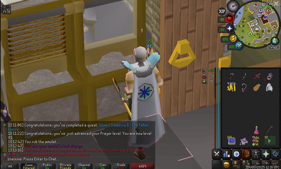 screnshot of osrs client showing my hardcore ironwoman character standing at Draynor Village bank with quest point cape equipped, chatbox is showing Desert Treasure 2 completion message.