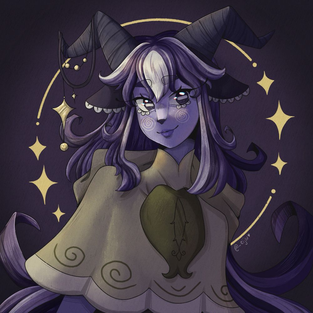 Headshot drawing of an OC named granite, a purple goat girl character! She has purple skin, with light purple and white markings. She has long purple hair. Wears a green cloak with a big leaf on it. Has two horns, with one with some stars draped over it. Background is simple purple gradient, with star pattern surrounding character. 