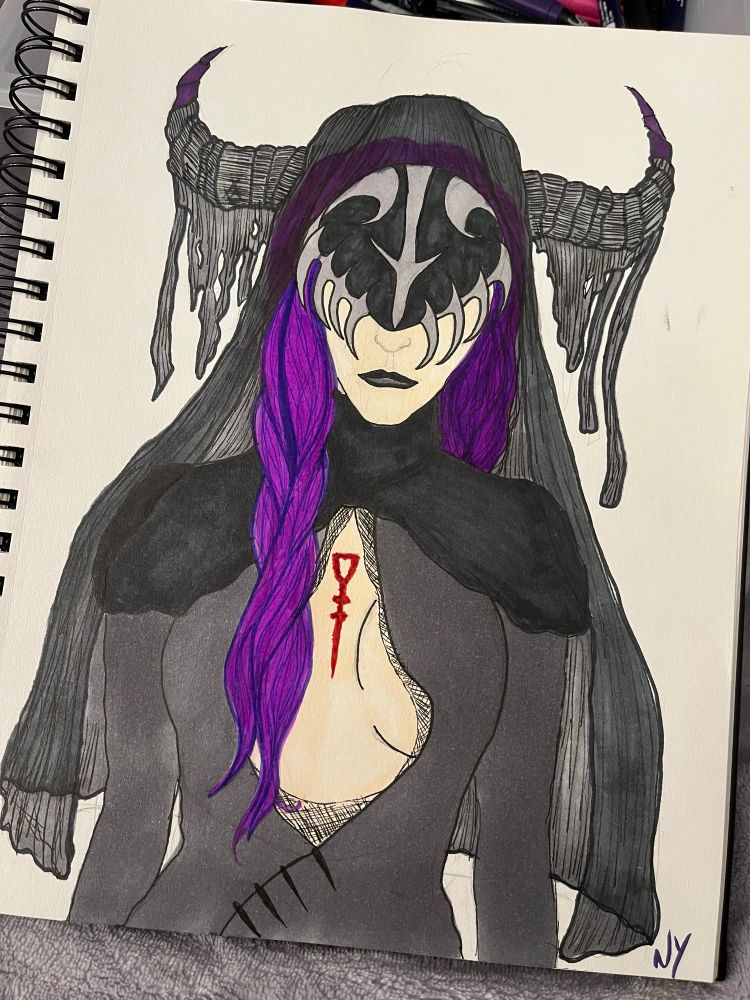 A drawing of a demon lady wearing a black dress with veil and purple hair. She has a mask over her eyes. 