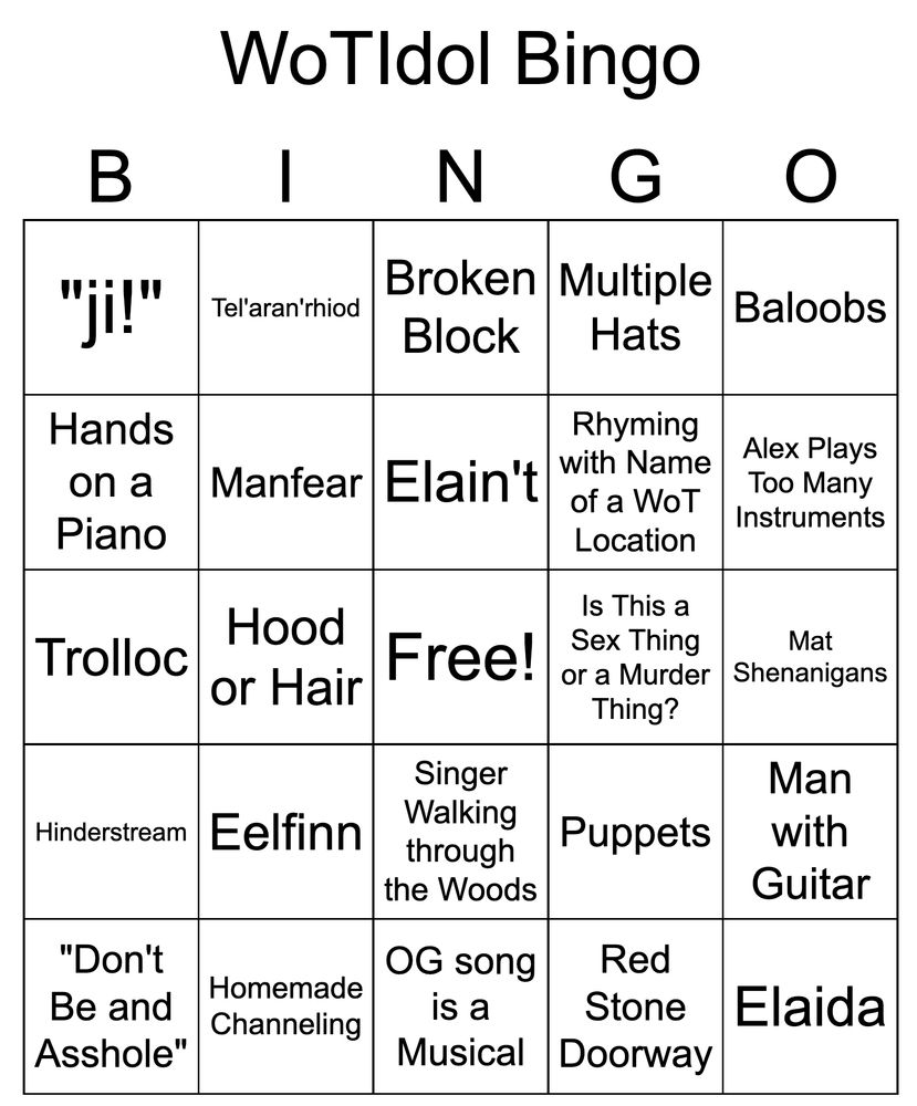 A bingo card full of various WoT-related concepts that might appear in the WoTIdol contest.