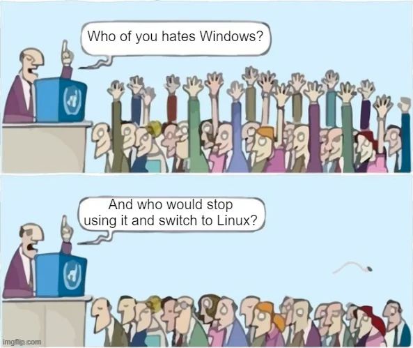 A cartoon with two panels. In each panel is a speaker at a podium and a crowd of people. In the first panel the speaker says "Who of you hates windows?" and the entire crowd raises their hand. In the second panel, the speaker says "And who would stop using it and switch to Linux?" and nobody raises their hand.