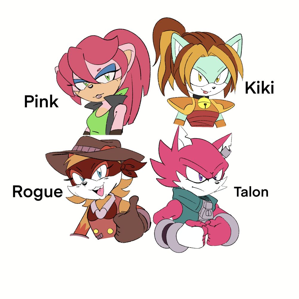 4 characters drawn at bust length. 
top right to bottom left: a pink cat in ponytail, a mint fur cat.
An orange cat with a western outfit. Another pink cat with a big zipper top.