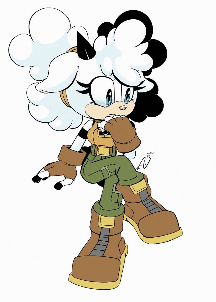#art #fanart drawing of a sheep girl crosslegged sitting while she is pondering with her hand by her chin.