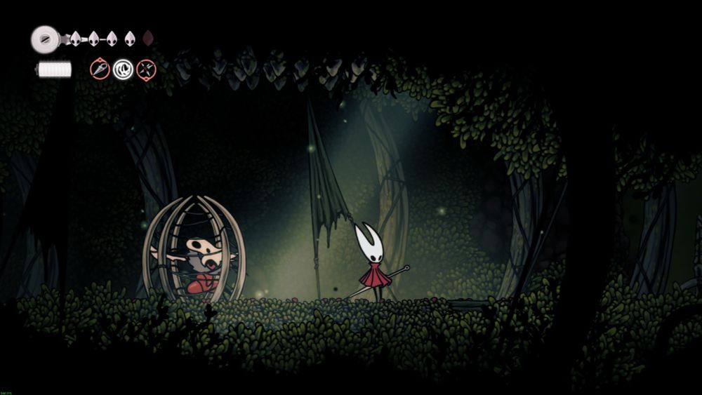 Screenshot from Hallow Knight: Silksong with an enemy stuck inside a cage trap that they set up for the player.