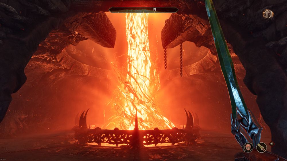 Screenshot from Oblivion Remaster. A fire tornado column is swirling upwards from a spiked circular metal base. The stone room is lit up bright red 
