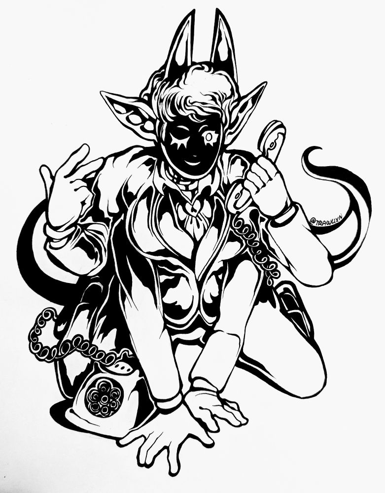 An ink drawing on Bristol board of my original character, Mars. Her second pair of arms are both pressing on the floor. Her left upper arm is holding a telephone. She is kneeling on the floor with the telephone cord wrapping around her and ending in the rotary dial stand. The piece is rendered with heavy shadows and line weight.