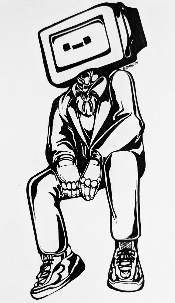 A rendition of a TV head character in black and white ink on Bristol board. He is sitting in a relaxed position, with a neutral expression.