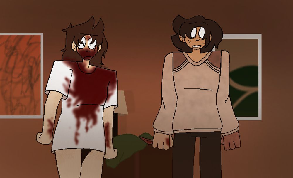 Tord in Alyssa’s place (left), standing next to Tom in James’ place (right), covered in blood while Tom holds a bloody hunting knife. They’re looking at something unseen on the floor