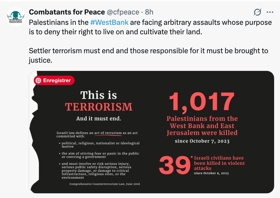 Capture d'écran d'un tweet de Combatants for Peace