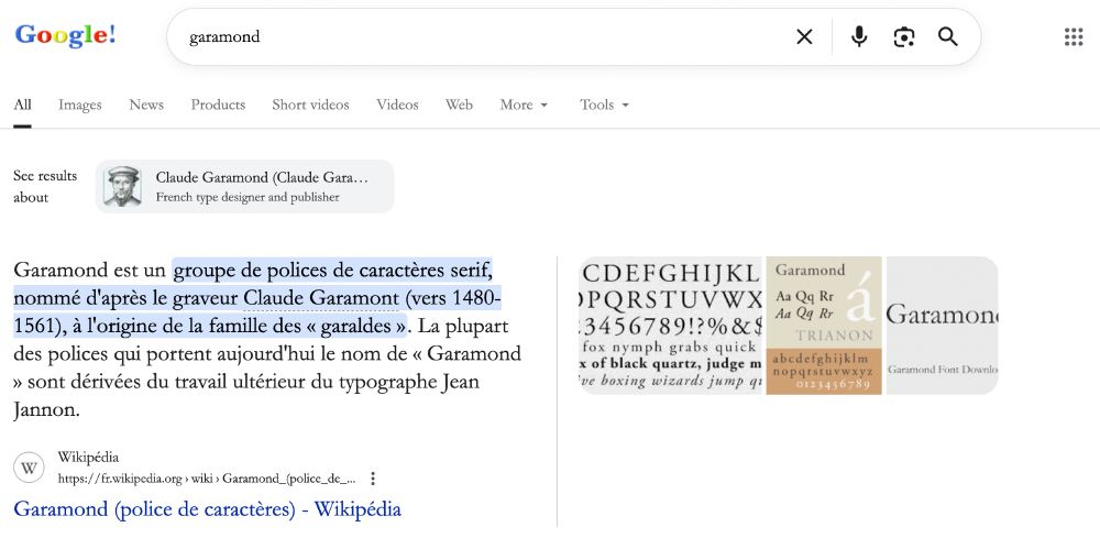 Capture d'écran d'une recherche Google sur Garamond.
