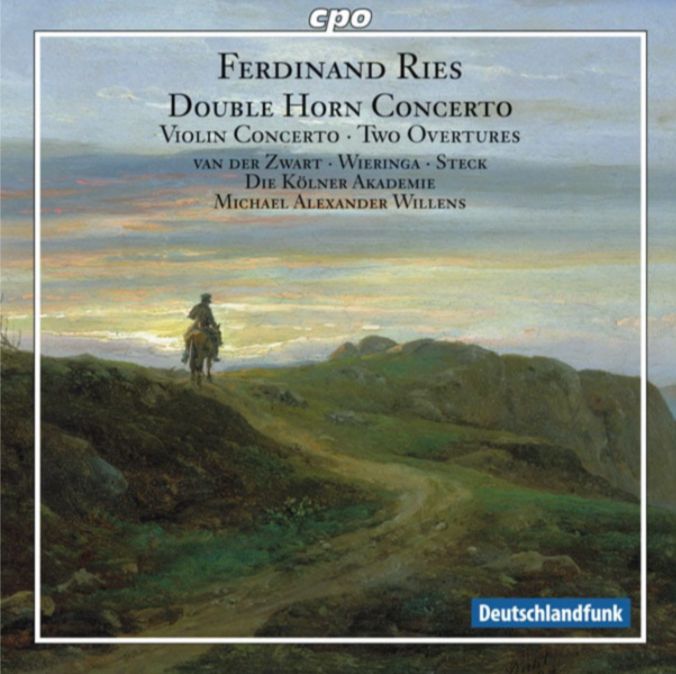 This album cover features works by Ferdinand Ries: *Double Horn Concerto*, *Violin Concerto*, and *Two Overtures*. Performers include van der Zwart, Wieringa, Steck, and Die Kölner Akademie under Michael Alexander Willens. The serene Romantic-style artwork depicts a lone rider on horseback traveling along a winding path at sunset, surrounded by rolling hills and a dramatic sky. This imagery reflects themes of tranquility and introspection, resonating with Ries’s music, which bridges the Classical and Romantic eras. Released under the cpo label, it also credits Deutschlandfunk.