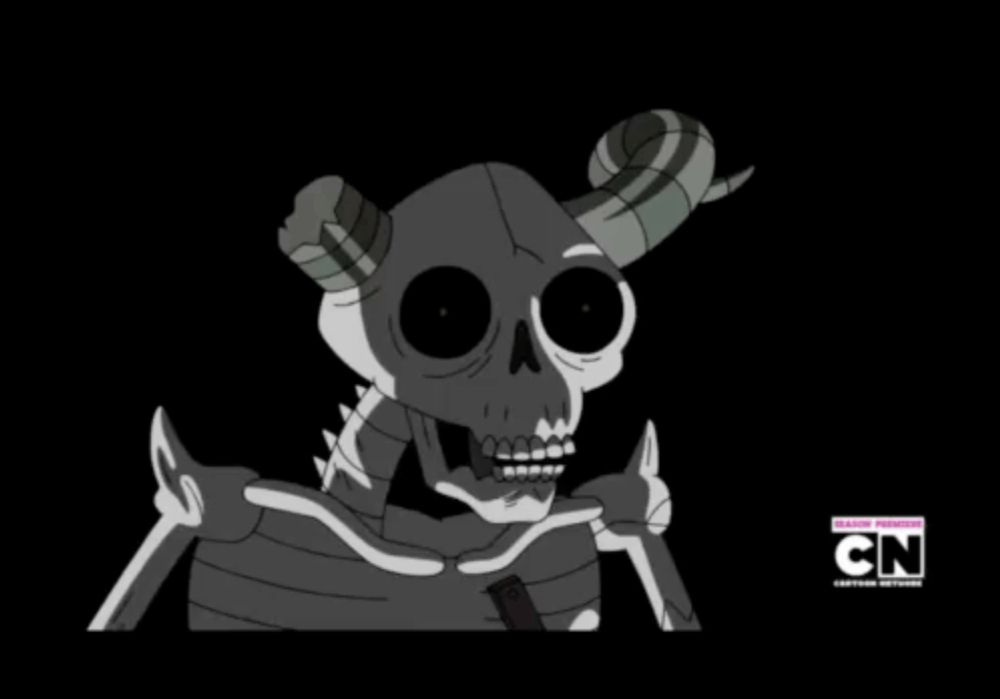 a cartoon of a skeleton with horns and the word fall below it