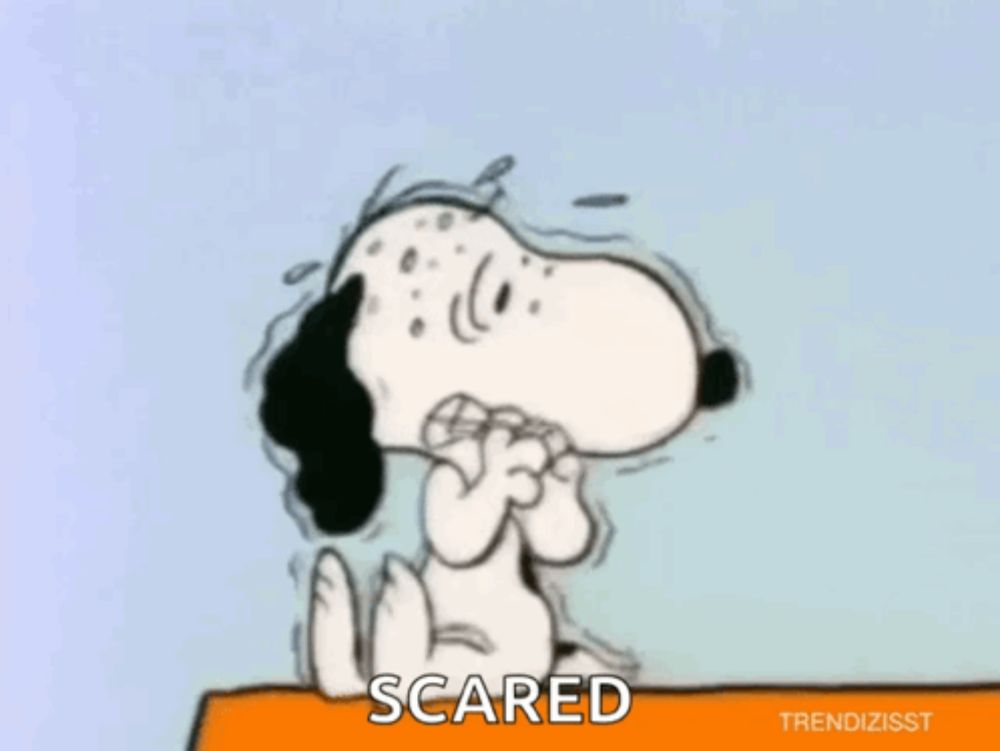 a cartoon of snoopy sitting on a ledge with the word scared on the bottom .