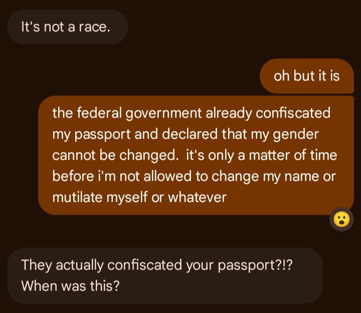 him: "It's not a race."

me: "oh but it is.  the federal government already confiscated my passport and declared that my gender cannot be changed.  it's only a matter of time before i'm not allowed to change my name or mutilate myself or whatever"

him:  "😮 They actually confiscated your passport?!? When was this?"