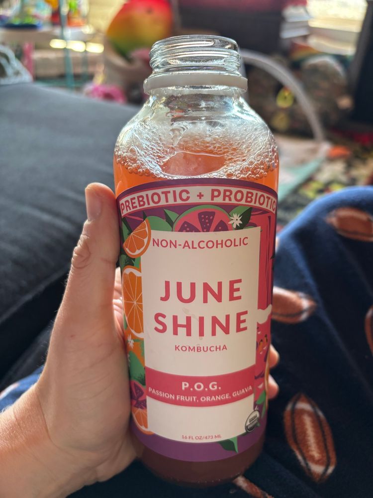 Pic of non-alcoholic Juneshine P.O.G. kombucha in a glass bottle