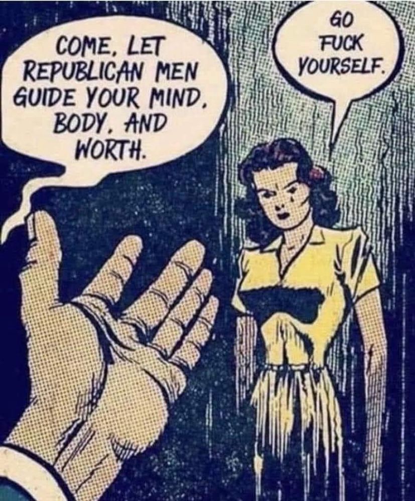 Cartoon of a white man's hand offering guidance to a woman who is offended by his offer. And says so.