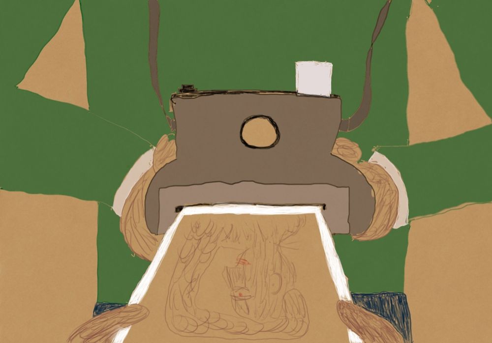 Drawing of one werewolf taking a polaroid from the camera of another. The pose alludes to one of Mapplethorpe's favourites. 