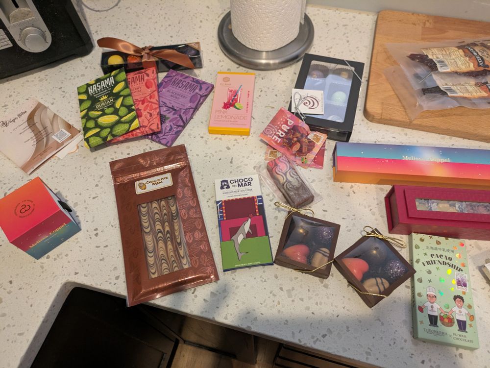 An unreasonable amount of chocolate sitting on a kitchen counter