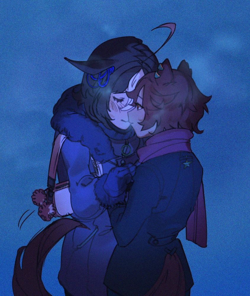 umamusume fanart of tm opera o and meisho doto. it’s a dim blue environment where the two are pressed chest to chest in their winter coats 
